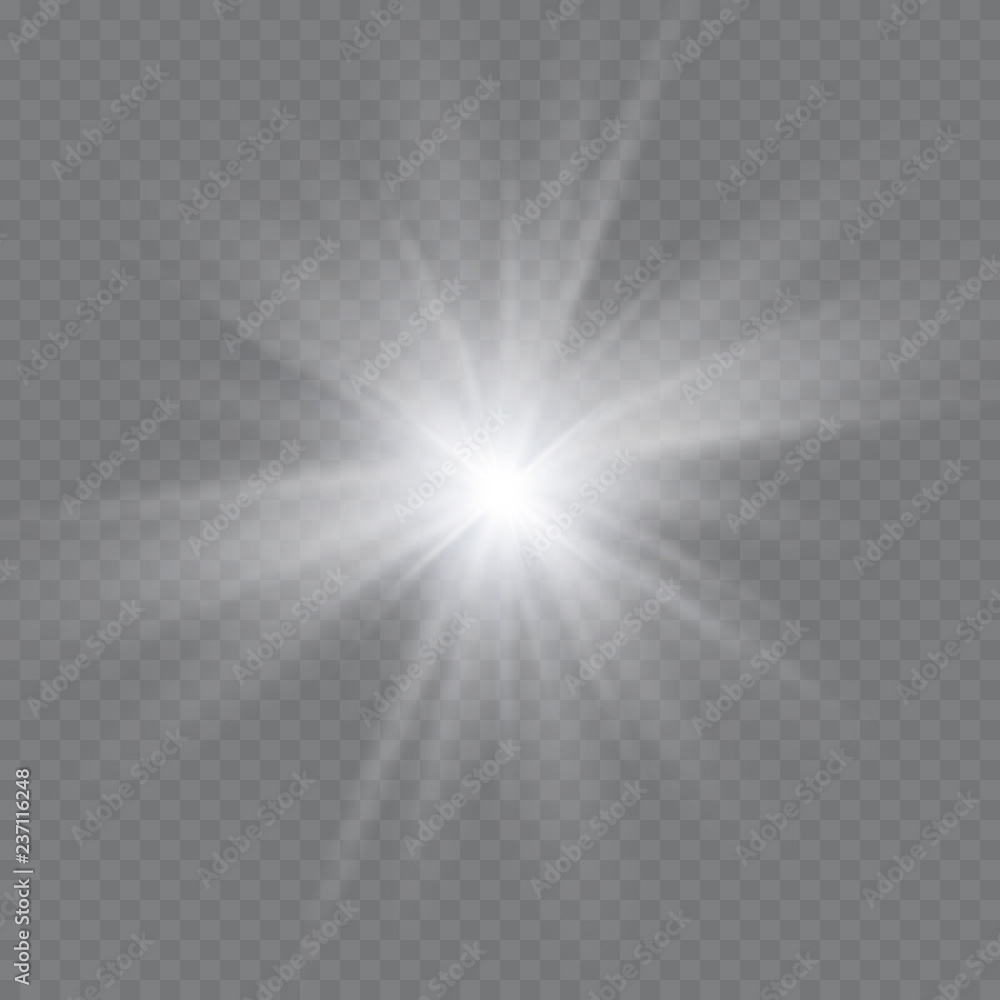 White glowing light explodes on a transparent background. Vector illustration of light decoration effect with ray. Bright Star. White glowing light explodes on a transparent background. Vector illustration of light decoration effect with ray. Bright Star.