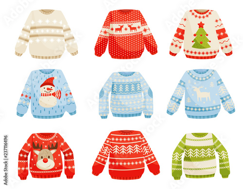 Christmas sweaters set, warm knitted jumper with cute ornaments vector Illustration on a white background photo