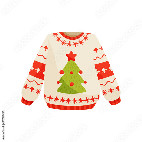 Christmas sweater with cute holiday ornament, knitted warm winter jumper vector Illustration on a white background