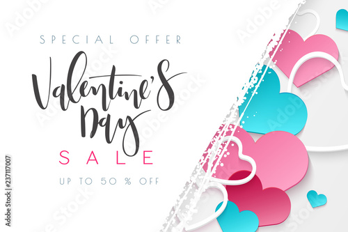Vector illustration of valentine's day greetings card template with hand lettering label - happy valentine's day - with paper origami heart shapes
