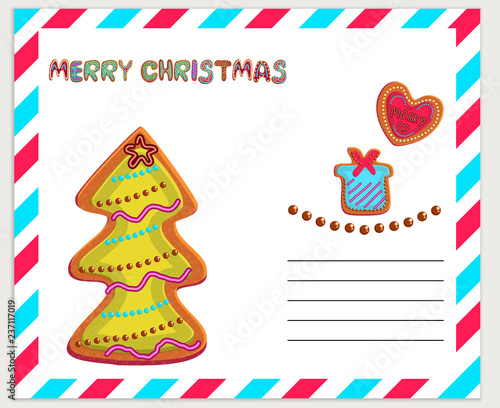 Merry Christmas greeting card color vector template. Gingerbread hand drawn lettering. Cute Christmas cookies illustrations collection. Holiday Xmas  New Year party poster  banner cartoon design