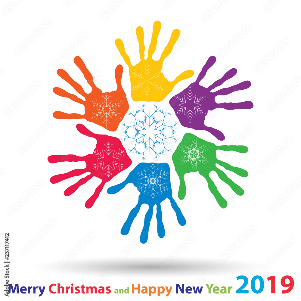 Vector artistic icy abstract crystal snow flakes over handprints isolated on background as winter or december decoration. Ice or frost beautiful star ornament on hand silhouettes or 2019 season art Vector artistic icy abstract crystal snow flakes over handprints isolated on background as winter or december decoration. Ice or frost beautiful star ornament on hand silhouettes or 2019 season art