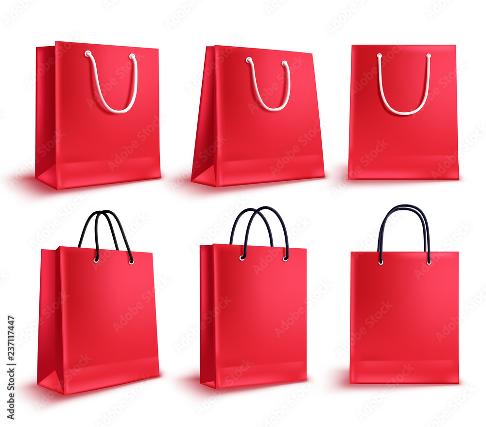 Shopping bags vector set. Red sale empty paper bags collection for fashion  shopping design elements isolated in white. Vector illustration. Stock  Vector