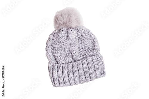 Gray knitted cap with pompon