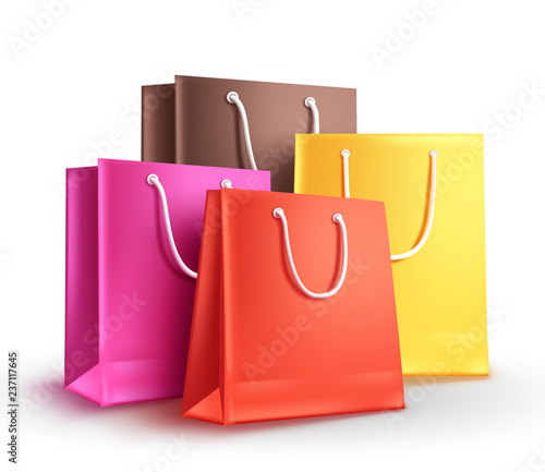 Shopping bags for fashion and clothing vector illustration. Colorful group of empty paper bags isolated in white for shopping and sale promotion.