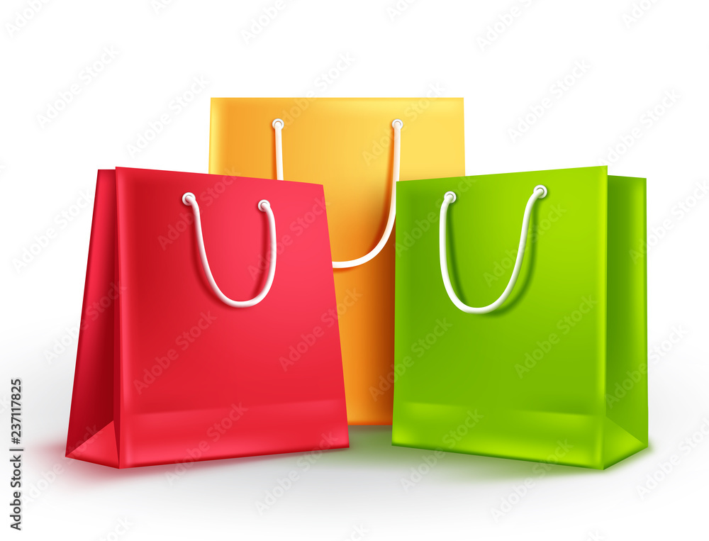 Paper bags group vector illustration. Empty shopping bags with assorted  colors isolated in white for fashion and store market design elements.  Stock Vector