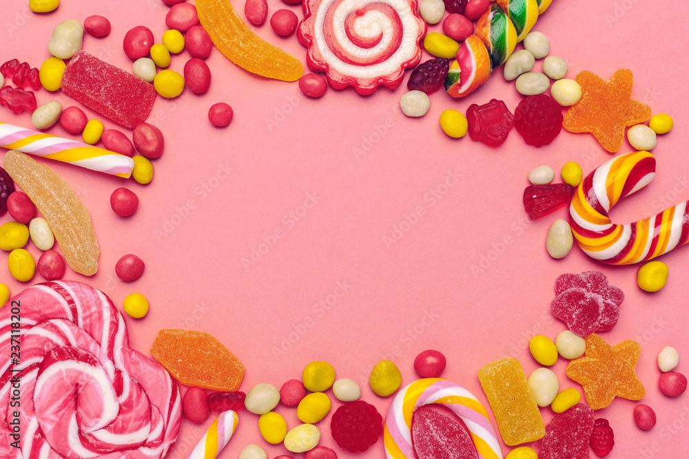 Frame of colorful bright assorted candy