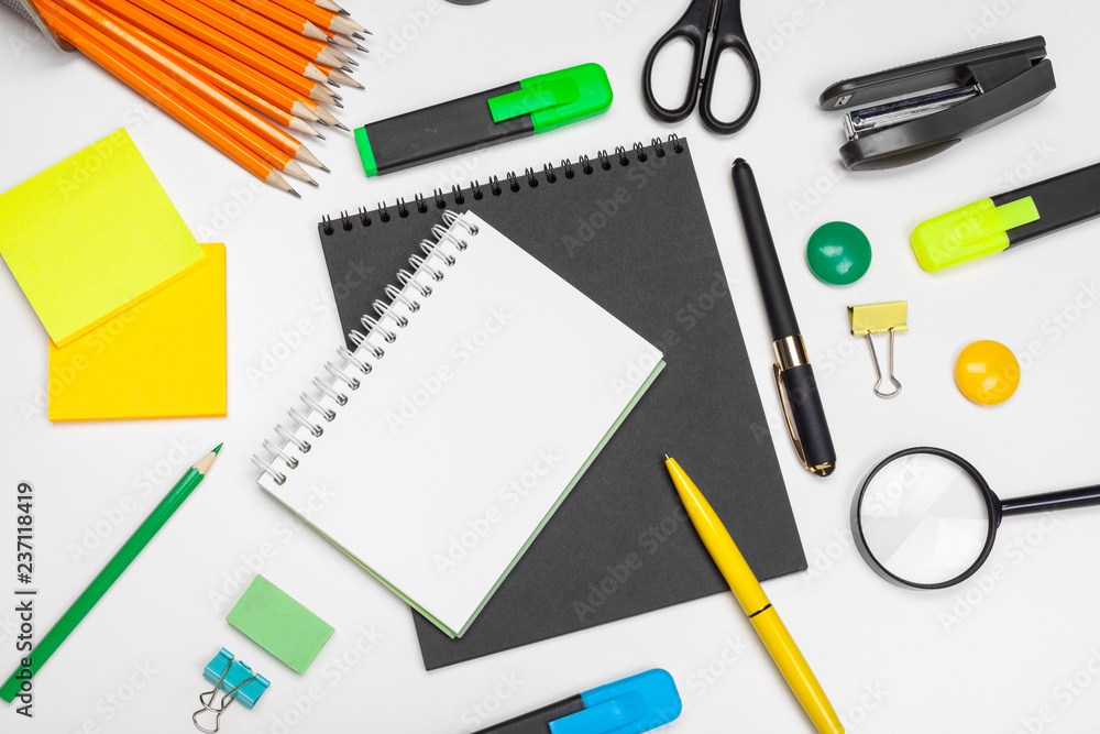 School and office supplies on white background School and office supplies on white background