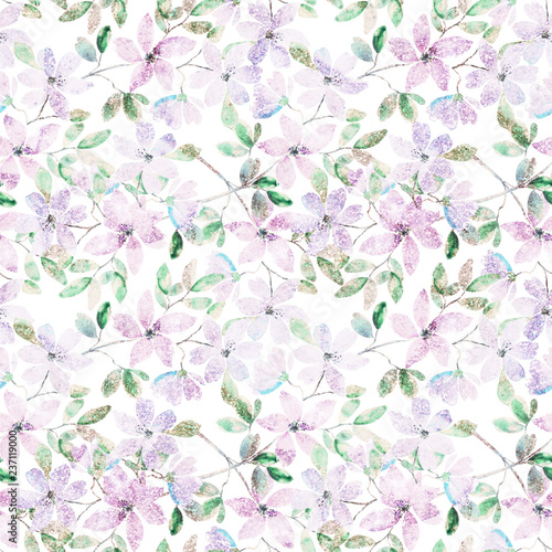 Seamless floral glitter pattern . Pink, lilac flowers on white background. 