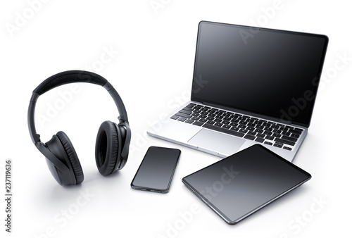 Laptop, tablet, smartphone and headphone