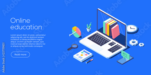 Online education concept vector illustration in isometric design. Internet distance training and courses on learning or educational platform. Website template.