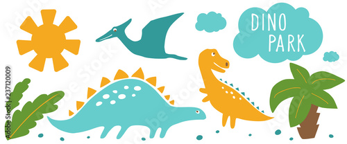 Dino park horizontal banner. Flat vector illustration.