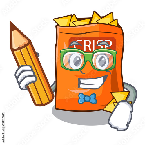 Student crispy potato chips in bowl cartoon