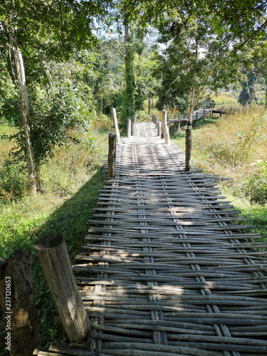 Romantic bamboo bridge crossing fields and nature  Northern Thailand landscape
