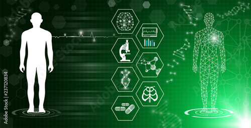 abstract background technology concept in green light,human body heal,technology modern medical science in future and global international medical with tests analysis clone DNA human