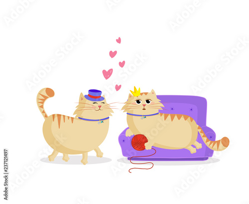 Cute cartoon cats boy and girl in love print