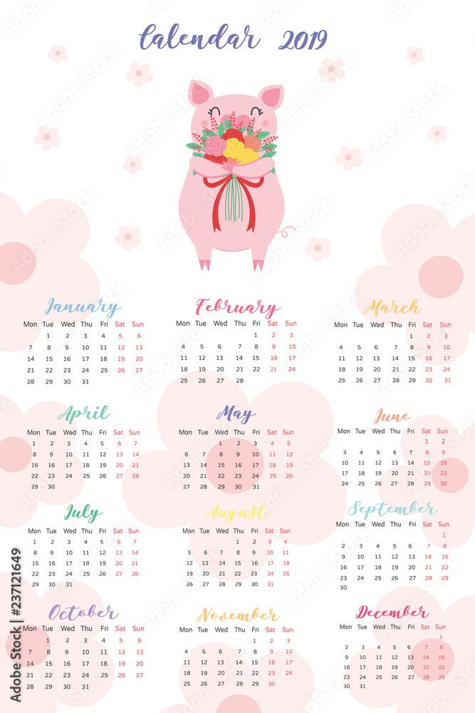 Calendar 2019. Cute pig Calendar 2019. Cute pig