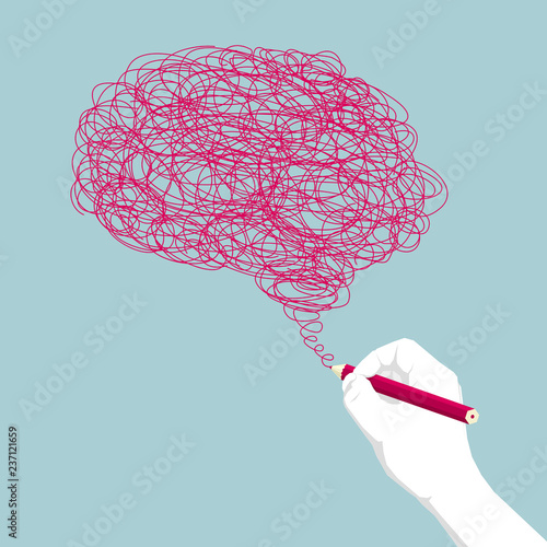 Construction hands flat graphic design ,Hand Holding a pencil.Drawing a chaos brain image.
