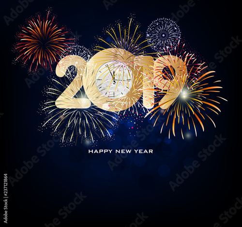 Happy New Year 2019 with fireworks background. Chienese New Year, Year of the Pig. photo