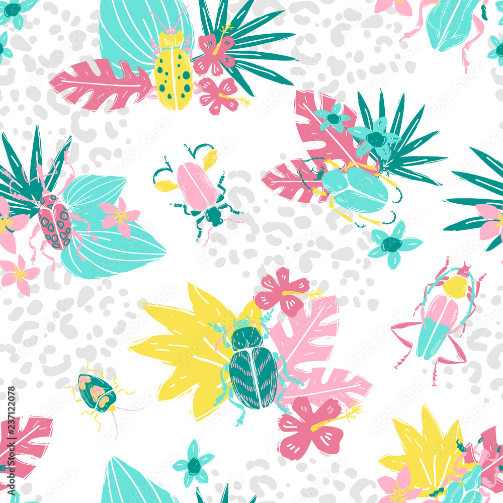Vector doodle seamless pattern with big decorative tropic bugs a Vector doodle seamless pattern with big decorative tropic bugs a
