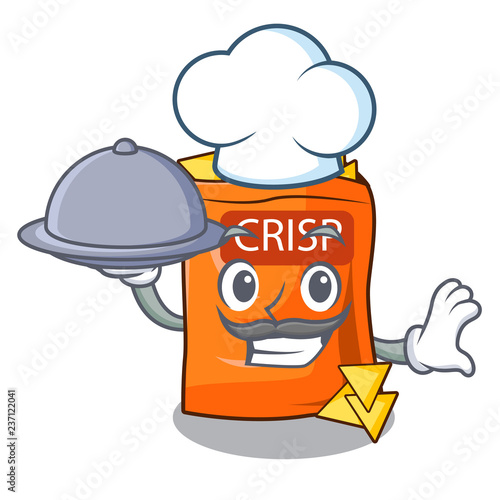 Chef with food crispy chips snack on a character