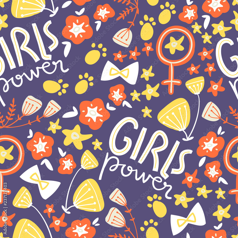 Vector doodle seamless pattern with concept lettering and flower Vector doodle seamless pattern with concept lettering and flower