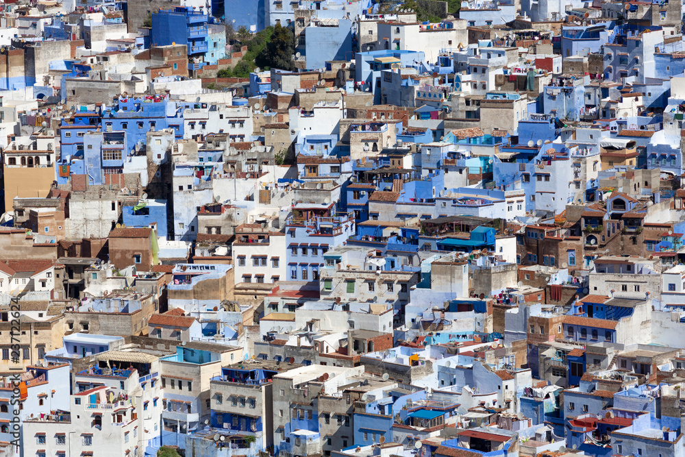 Detailed View of Chefchaouen from the hill of Jemaa Bouzafar Mosque, Morocco