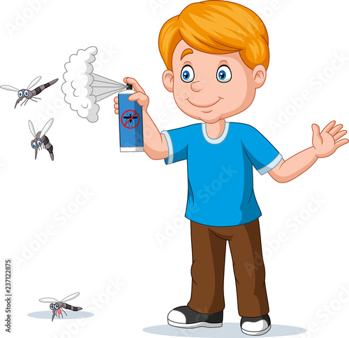 Cartoon boy spraying insect killer to mosquitoes
