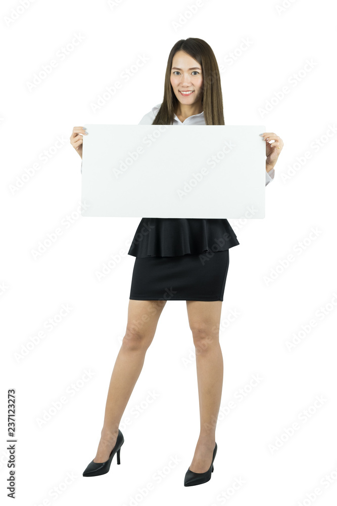 Asian business woman taking blank whiteboard isolated on white background. Asian business woman taking blank whiteboard isolated on white background.