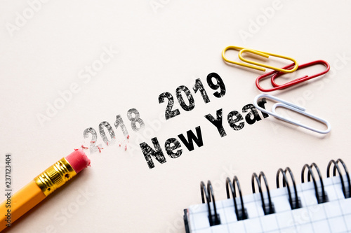 wooden pencil erase 2018. 2019 New Year. cencept for action and reaching goals