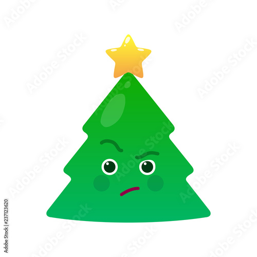 Critical christmas tree isolated emoticon. Suspecting green fir tree with decoration emoji. Merry Christmas and happy new year vector element. Envious face with facial expression. Winter holidays sign