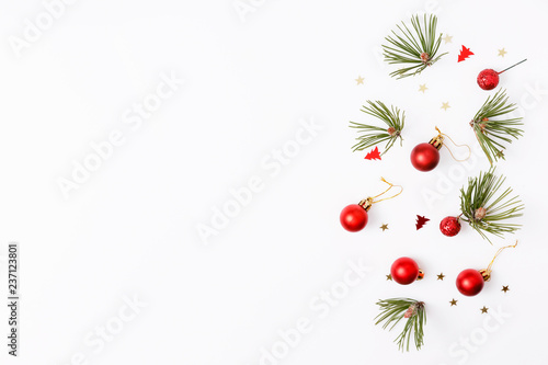 Christmas composition on white background. Flat lay, top view