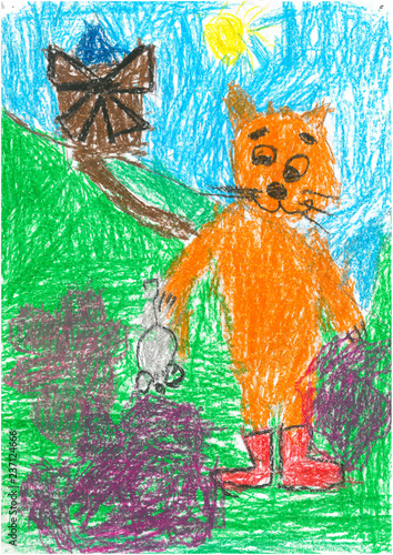 Fototapeta Naklejka Na Ścianę i Meble -  children drawing orange funny cat
