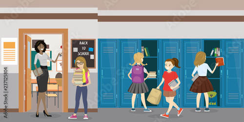 Cartoon Teacher and students in the school hall,school interior and lockers