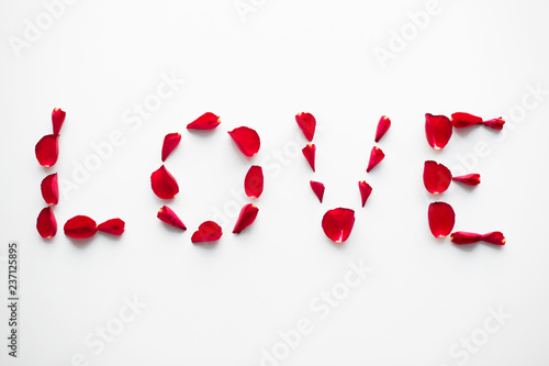 valentines day and romantic concept - word love made of red rose petals on white background