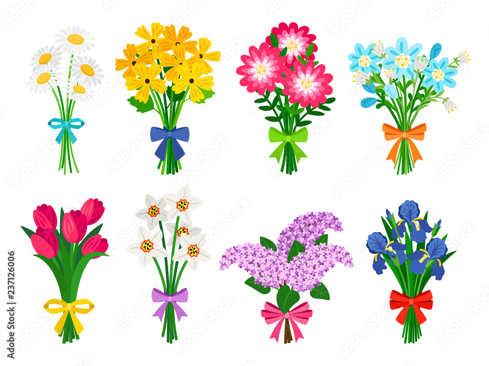 Obraz premium Bukiety ze świeżych kwiatów. Lato bukiet zestaw na białym tle, kobieta kwiaty prezent, tulipany i stokrotki, bzy i żonkile wiosenne pęczki ilustracji wektorowych