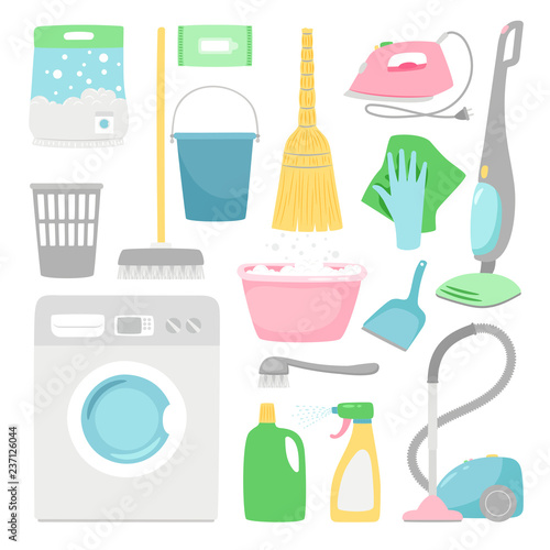 Household cleaning. House clean inventory isolated on white background, domestic washing supplies vector objects illustration