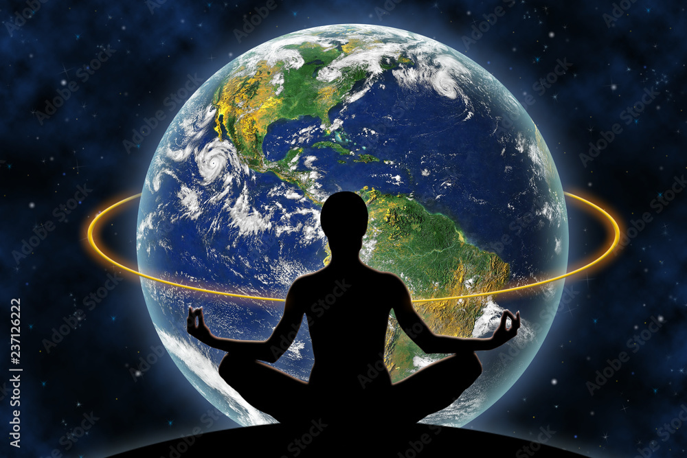 Female yoga figure against a space background and a planet Earth. Elements of this image furnished by NASA. - obrazy, fototapety, plakaty 
