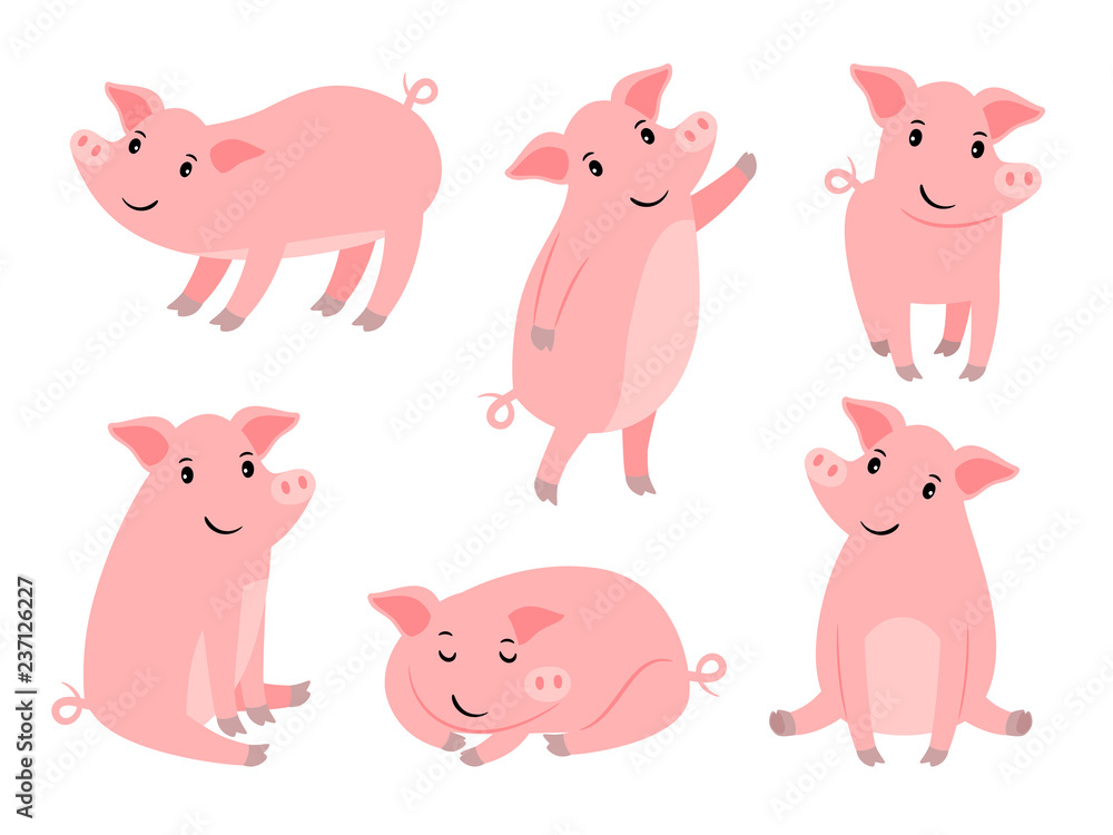 Little piggy character. Cartoon funny pink pig boy isolated on white background, cute piglet for christmas vector illustration