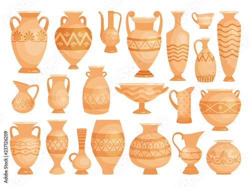 Greek vases. Ancient decorative pots isolated on white background, old antique clay greece pottery ceramic bowls vector illustration