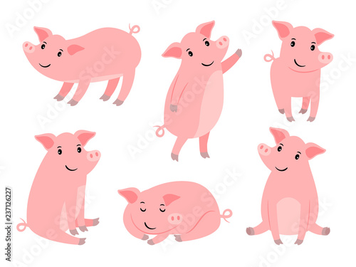 Little piggy character. Cartoon funny pink pig boy isolated on white background, cute piglet for christmas vector illustration