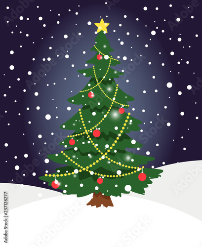 Snow xmas tree. Winter evergreen christmas tree pine with spruce lights and star decoration on holiday night background