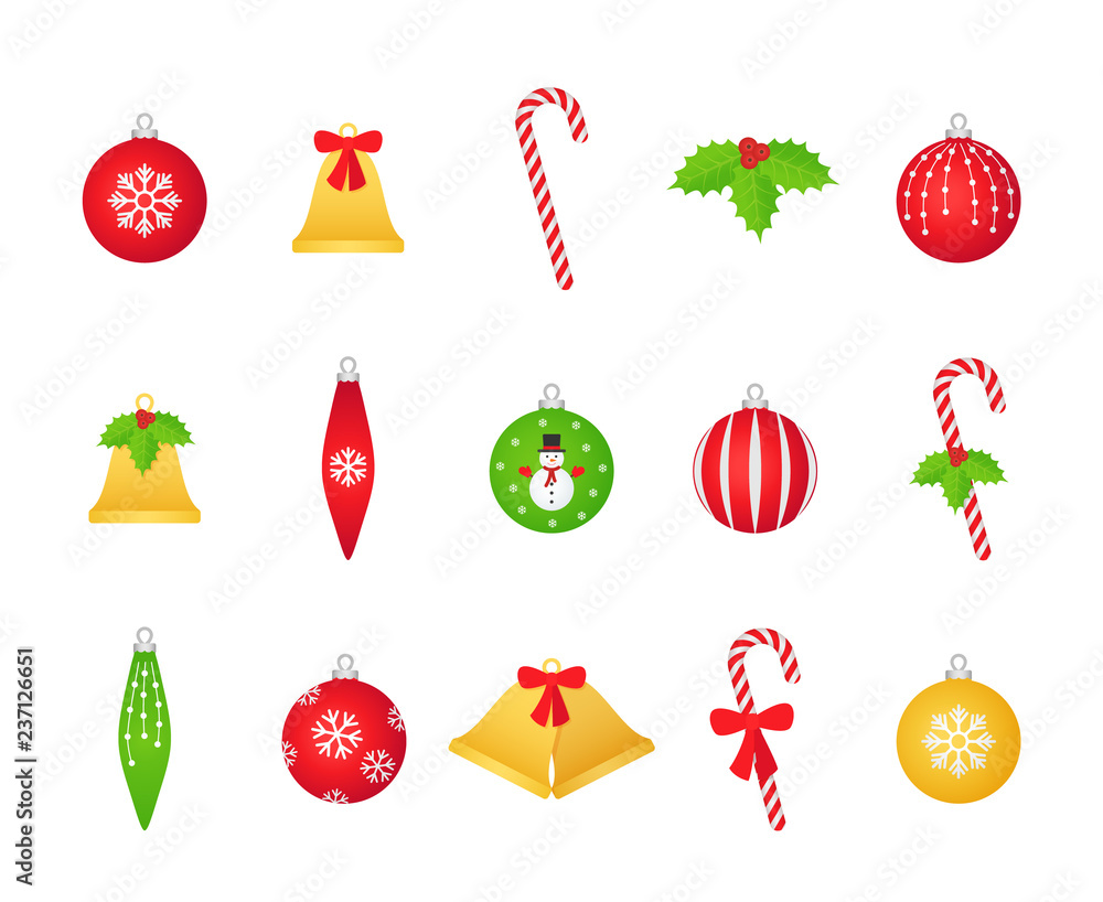 Christmas ball, bell, holly, candy cane set. Vector. Christmas decorations  isolated in flat design on white background. Cartoon illustration.  Collection winter holiday icons. Stock Vector | Adobe Stock