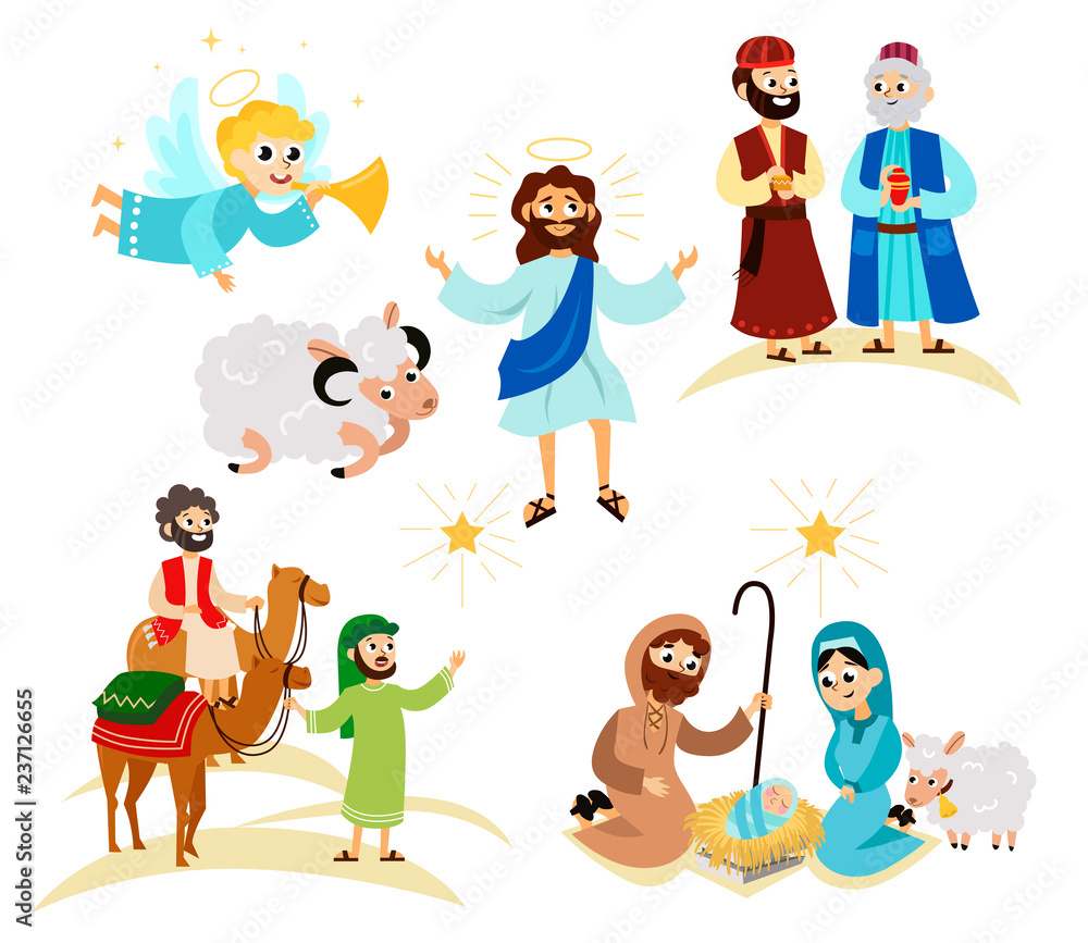 Merry Christmas holiday set of flying angel and Jesus Christ story Merry Christmas holiday set of flying angel and Jesus Christ story