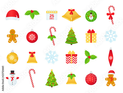 Christmas icons. Vector. Winter icon set. Christmas decorations in flat design isolated on white background. Cartoon colorful illustration. Collection holiday symbols ball bell cane holly gingerbread.