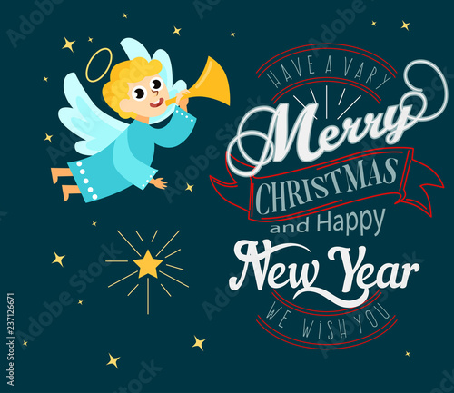 Christmas angel with halo wings and trumpet