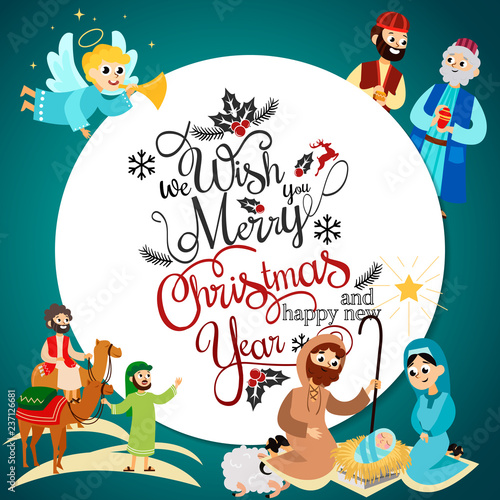 Merry Christmas holiday set of flying angel and Jesus Christ story