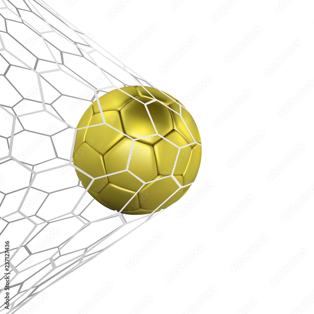 Fototapeta premium golden Realistic soccer ball or football ball in net isilated on white background. 3d Style Ball. Football game match goal moment
