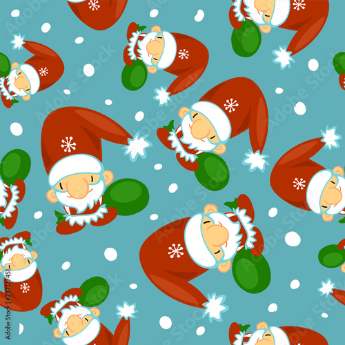 Cute Santa Clauses vector seamless pattern. Can be printed and used as Christmas, New Year, Xmas wrapping paper, background, wallpaper, textile, fabric