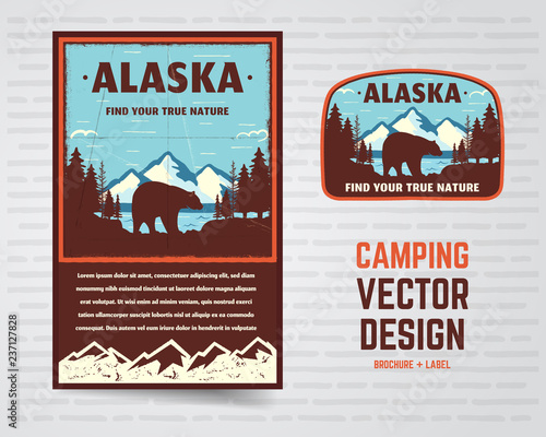 USA poster and badge. Alaska with mountains, bear and forest landscape. Vintage flyer design. Stock vector illustration isolated on white background